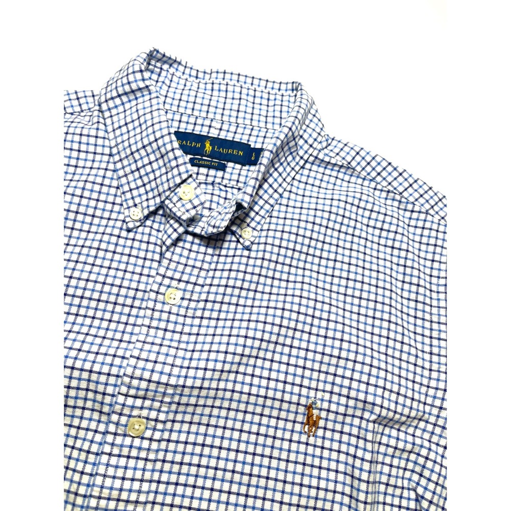 Ralph Lauren Mens Large Classic Fit Blue White Check Oxford Button Up Shirt 0355
